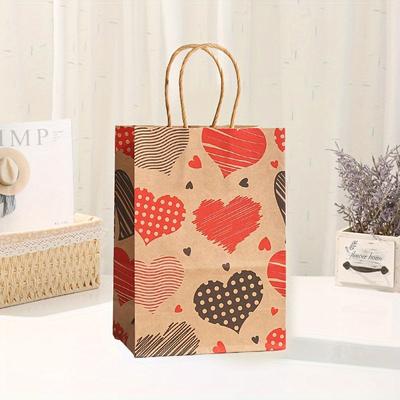 12 Valentine's Day Kraft Paper Gift Bags In Love Patterns - Perfect for Gift Packaging At Valentine's Day Parties