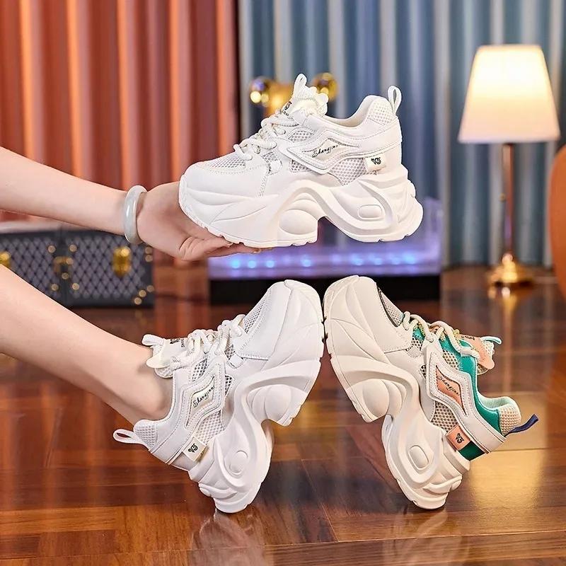 Fashion 7cm Air Mesh Synthetic Genuine Leather Chunky Sneaker Sandals Women Ladies Comfy Spring Autumn Boots Mixed Color Vulcanize Shoes