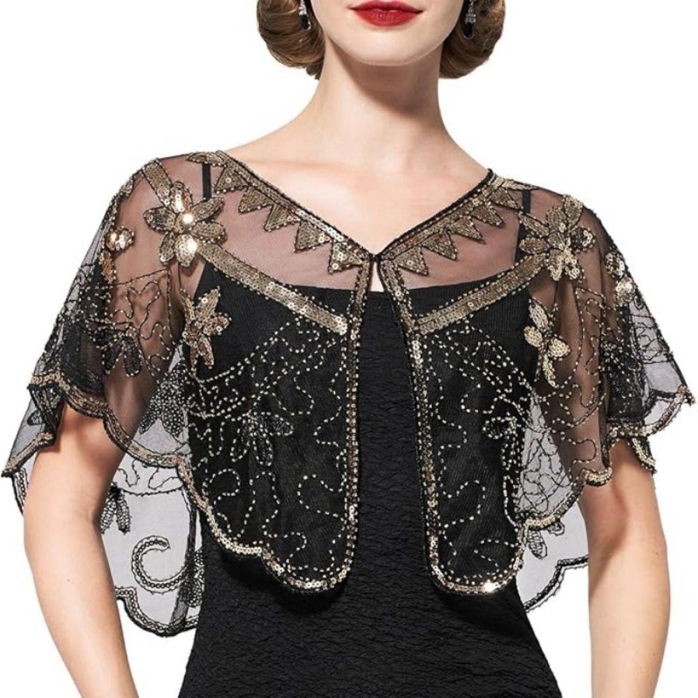 Bling Bling Sequins Poncho Coat Retro Flapper Shawl Dress Decorative Shoulder