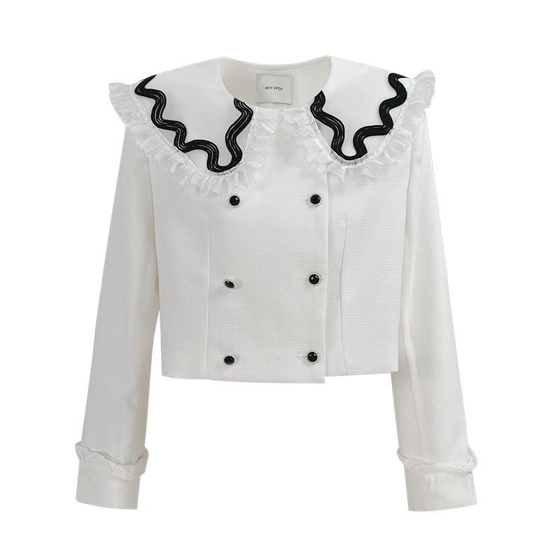 

Женский короткий жакет на весну 2023 года, в французском стиле, двубортный, с воротником-рюшем One Size грязно-белый