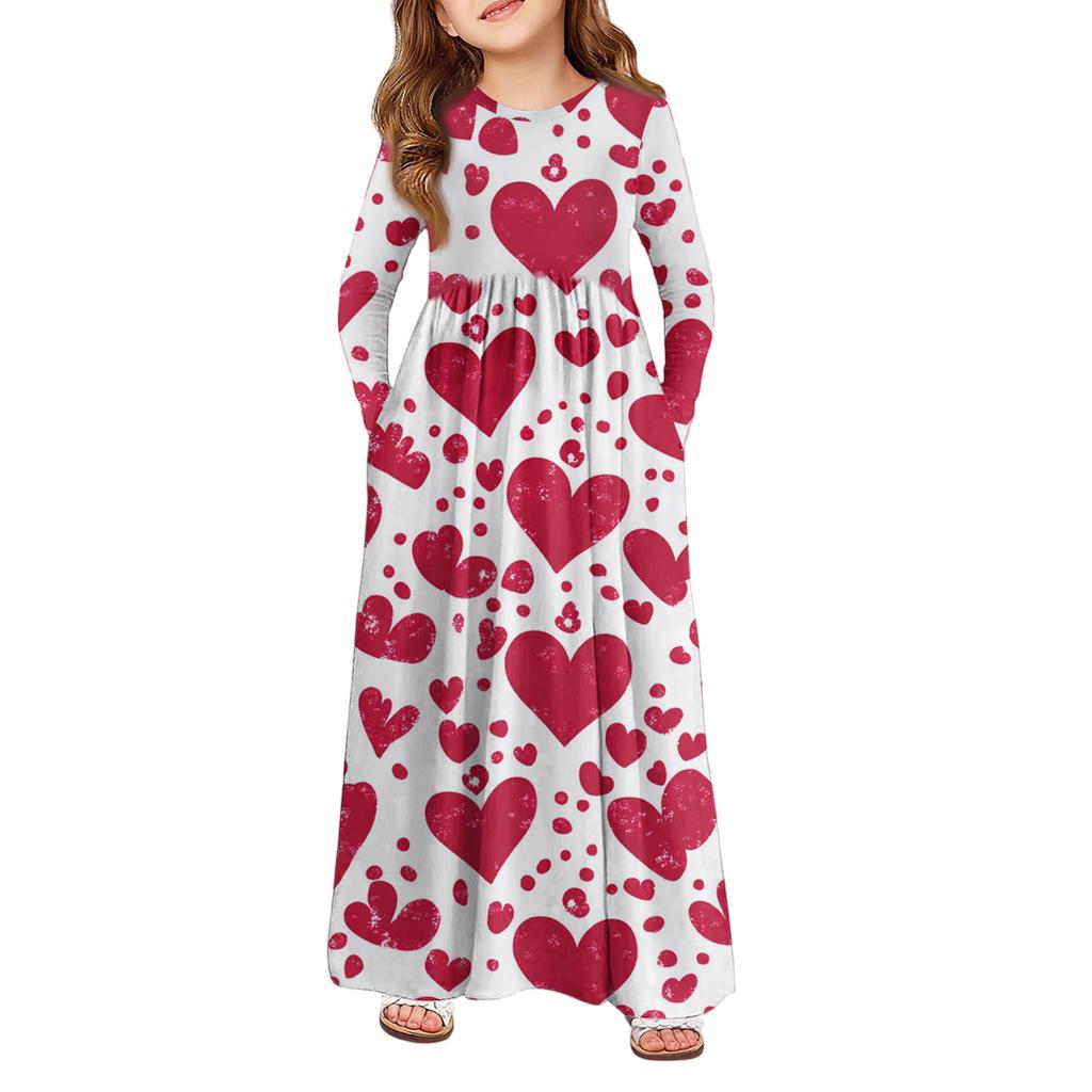 Girls' Maxi Dress - Long Sleeve Pocket Dress Valentine's Day
