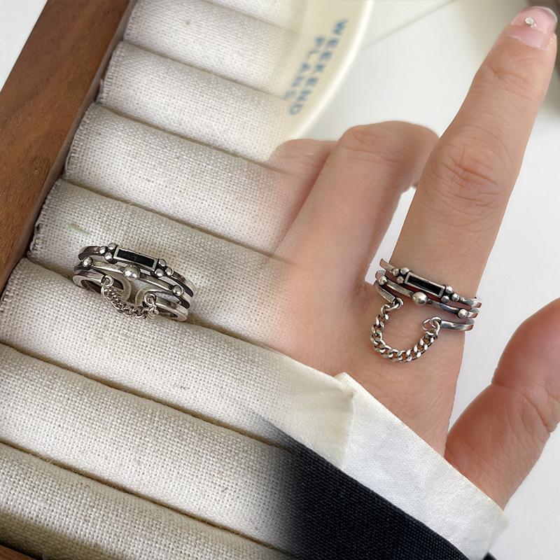 Black Drip Glaze Retro Thai Silver Jewelry Women's Non-fading High-end Open Ring