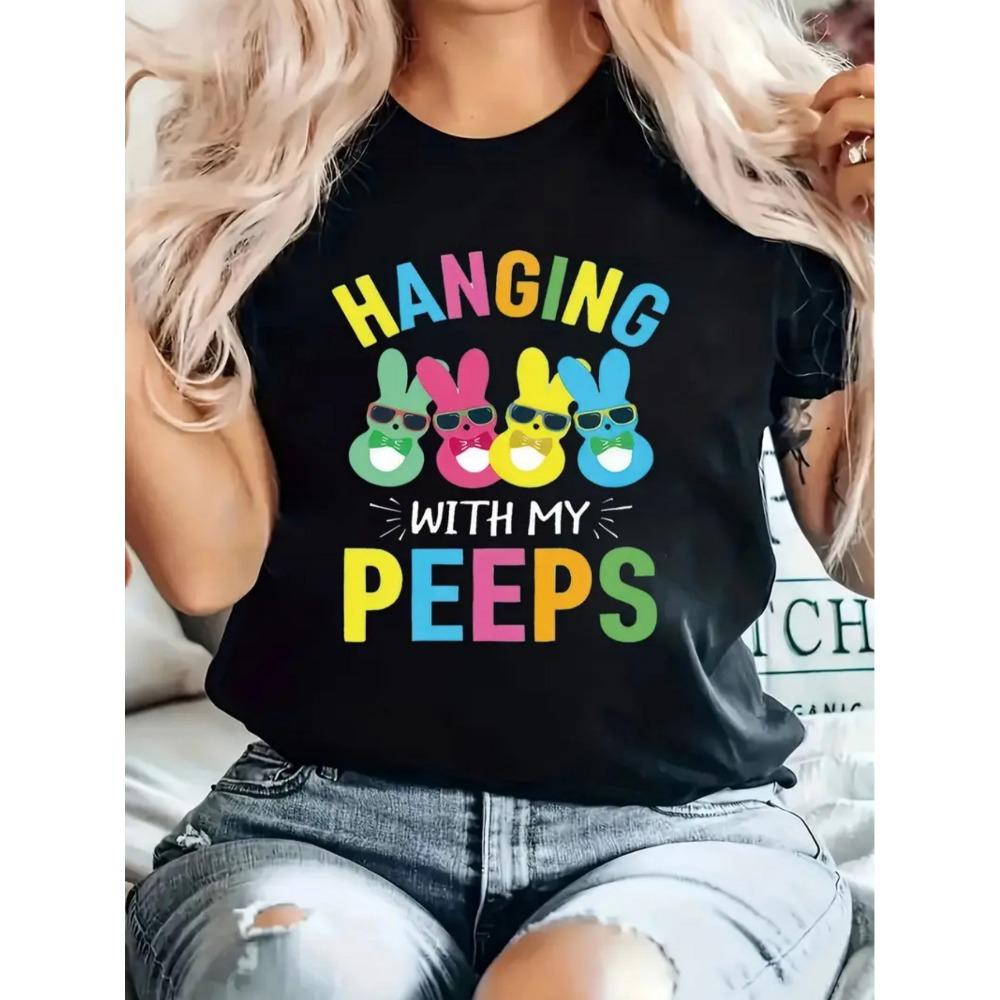 

Women Cotton Short Sleeves T-shirts Hanging With My Peeps Women s Tee Easter Bunny Graphic S