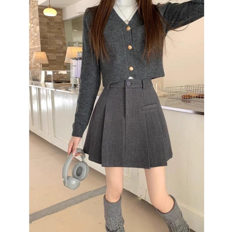 2026 Women s Plus Size High Waist Woolen A-line Skirt - Thickened, Pleated, Versatile, Autumn Winter. S серый