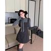 Korean Faux Two-Piece Grey Bow Polka Dot Dress, Waist-Cinched A-Line Skirt for Autumn