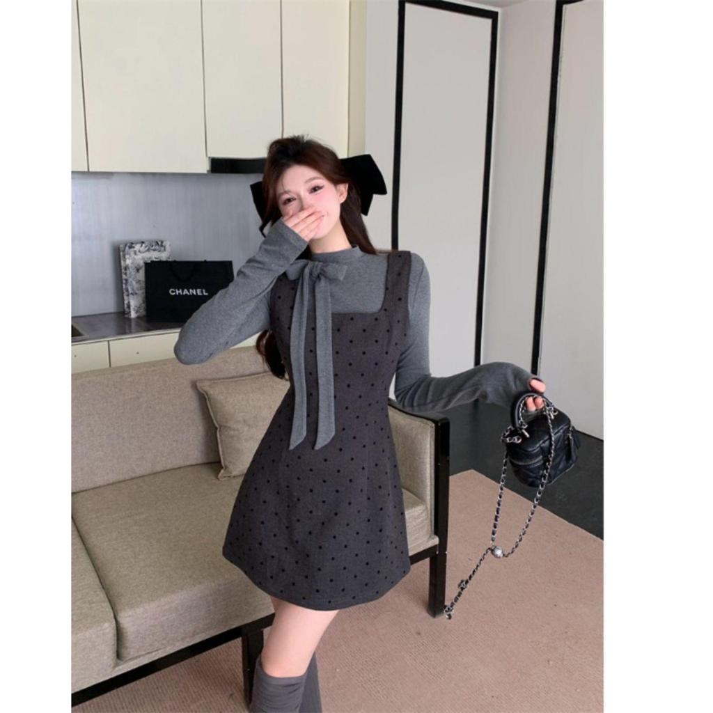 Korean Faux Two-Piece Grey Bow Polka Dot Dress, Waist-Cinched A-Line Skirt for Autumn