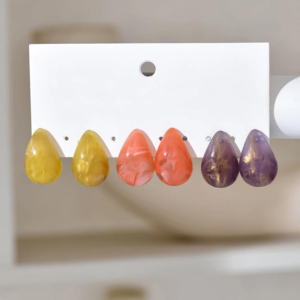 3 Pair New Korean Vintage Water Drop Acetate Resin Stud Earrings For Women Versatile Niche Temperament Girl Ear Jewelry Gifts