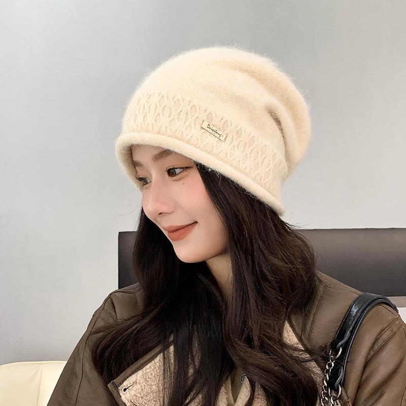 Pile Hats Women's Autumn and Winter Versatile Warm Hemming Knitted Cold Hats Big Head Circumference Showing Face Small Wool Hats