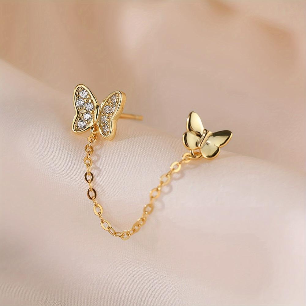 

1 шт. Женские элегантные минималистичные серьги-пусеты с дизайном двойной бабочки и цепочкой для двойных отверстий в ушах