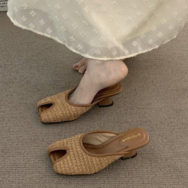 High Heel Niche Bohemian Women's Outer Wear Summer Vacation Woven Coarse Heel Baotou Sandals Khaki