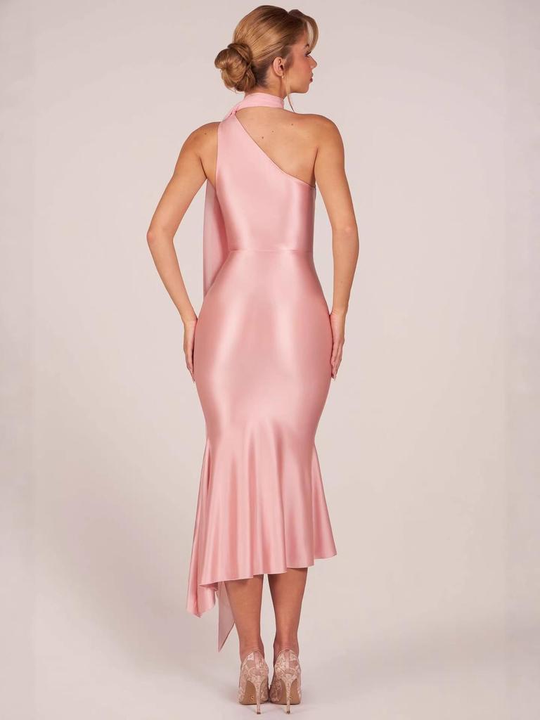 2026 Euro-Amerikanischer Stil Sexy Neckholder Satin Bodycon Kleid mit Rüschen