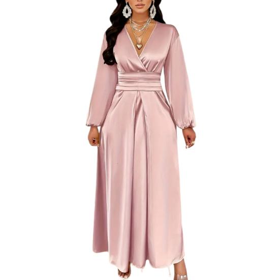Women Summer Satin V-Neck Dress Elegant Long Gown with Puff Sleeves & Cinched Waist