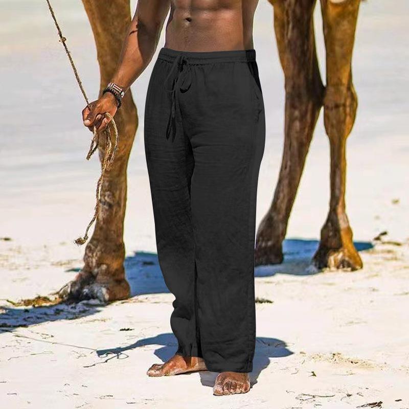 Sommer pustende linbukser for menn Lett yoga strand bomull lin ensfargede bukser løs Uformell