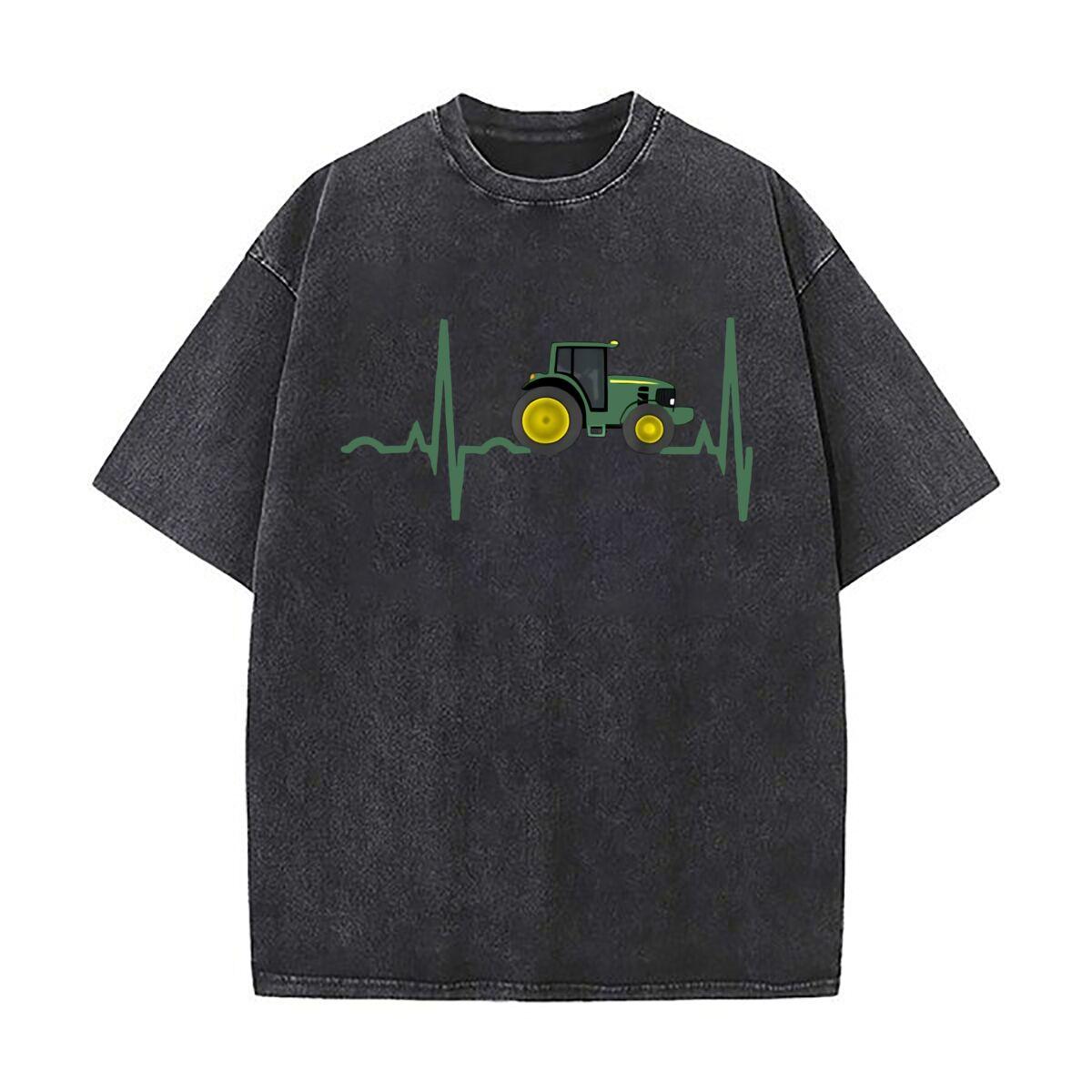 Tractor Heartbeat Farming  Inspired Graphic with EKG Line Casual Washed Distressed T Shirt Vintage Minimal Short Sleeve Top S