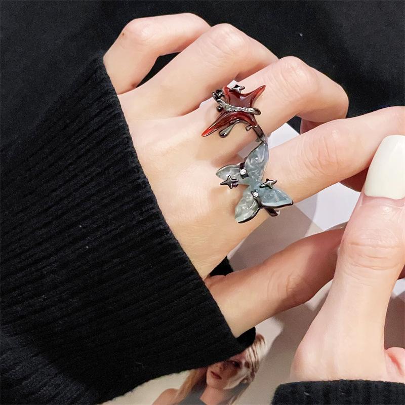 Dark Tetragonal Star Open Ring Butterfly Index Finger Ring Niche Design Temperament Cold Wind Ring Woman