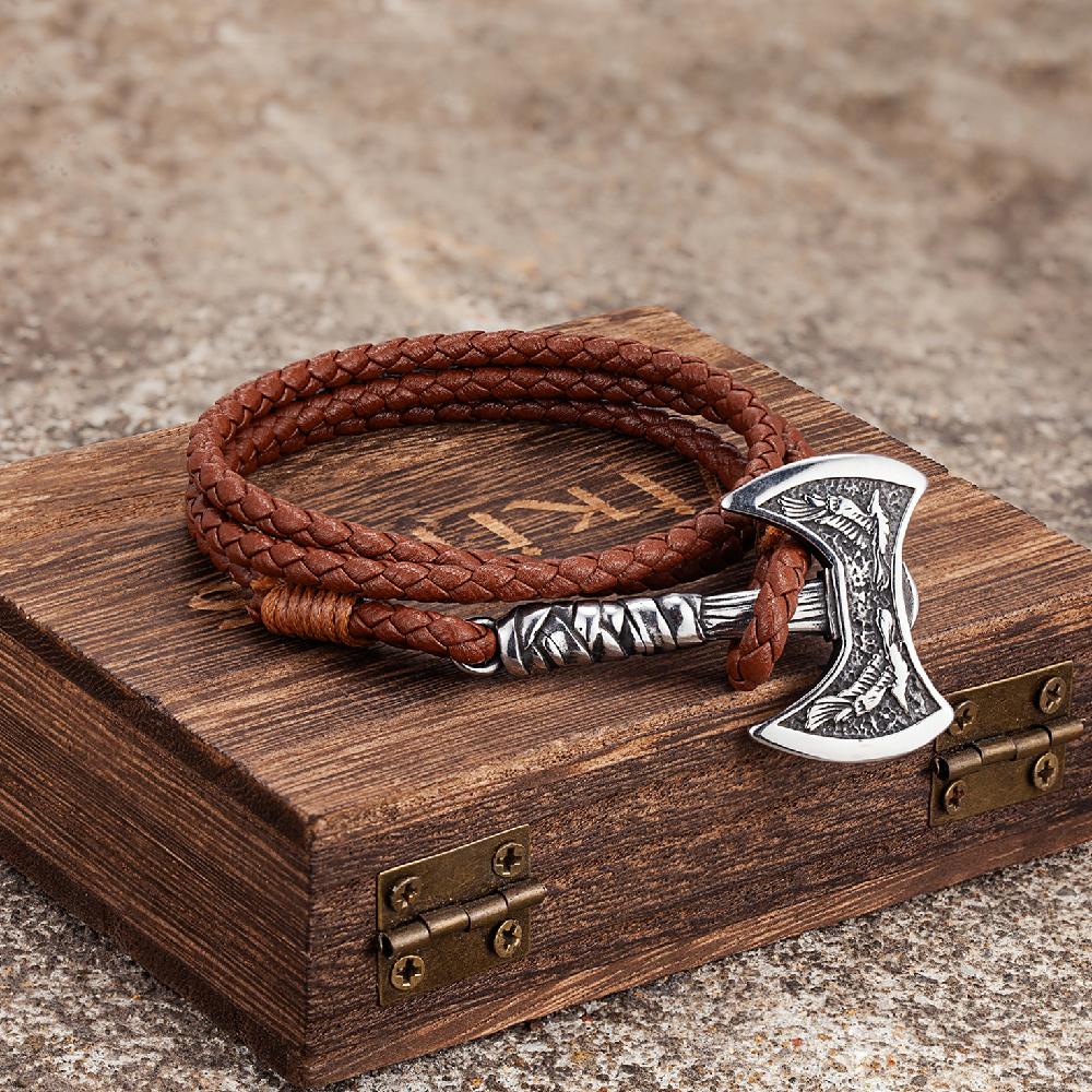 Norse Hatchet Leather Bracelets Men Vikings Axe Wristband Stainless Steel Raven Amulet Handmade Jewelry Self-defense
