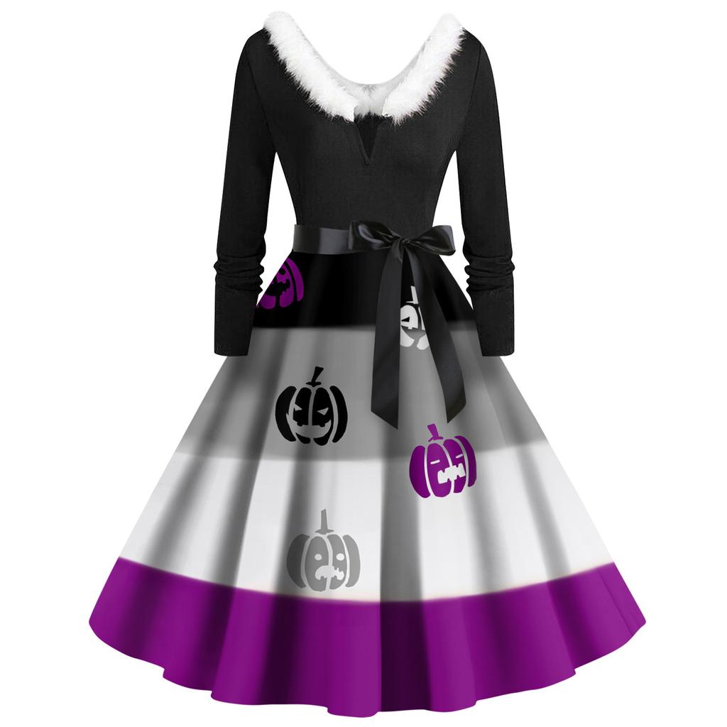 Women's Casual Fashion V-Neck Hairy Halloween Printed Long Sleeve Dresses