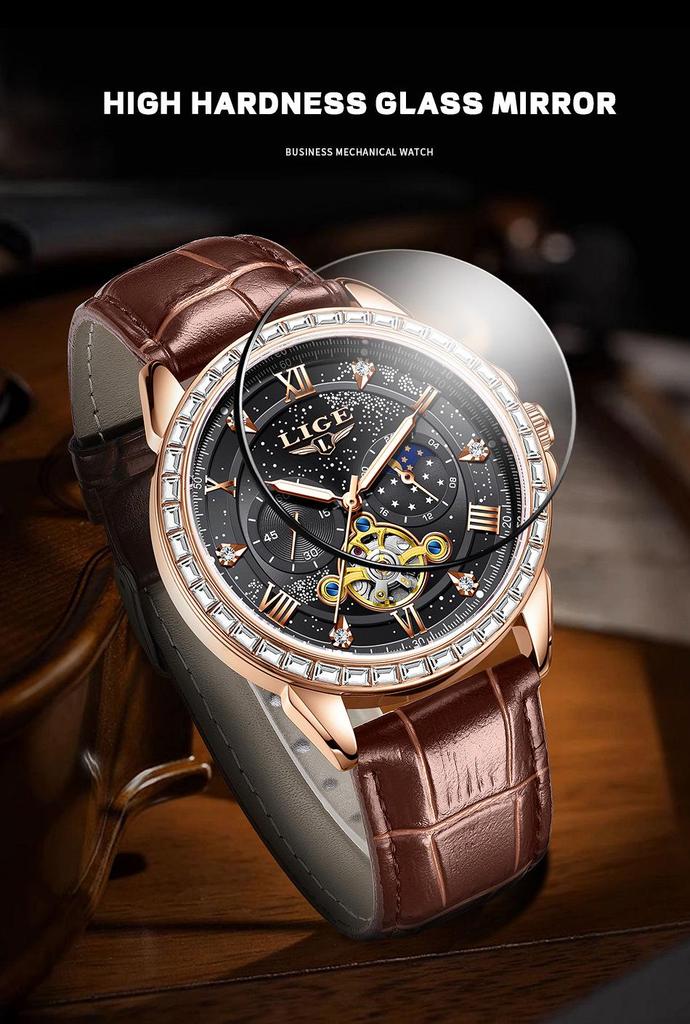 LIGE Men's Tourbillon Waterproof Mechanical Watch with Moon Phase