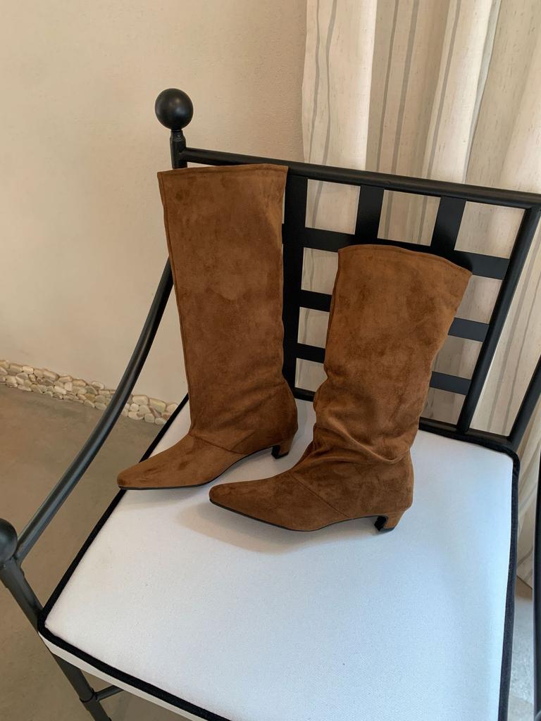 Retro style square head high boots women's autumn and winter thin low heel splicing temperament thin boots