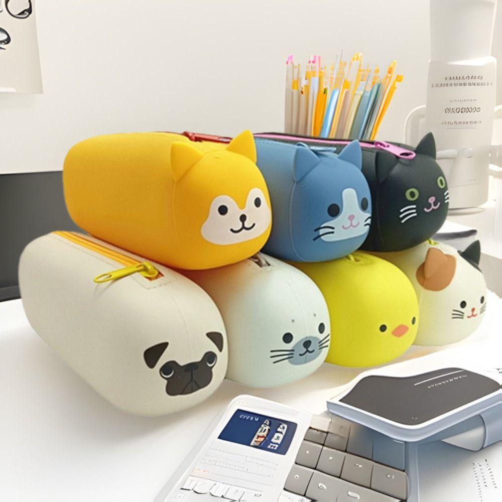 Cartoon Animal Stationery Box Large Capacity Pouch Bag Cute Silicone Pencil Case  Student