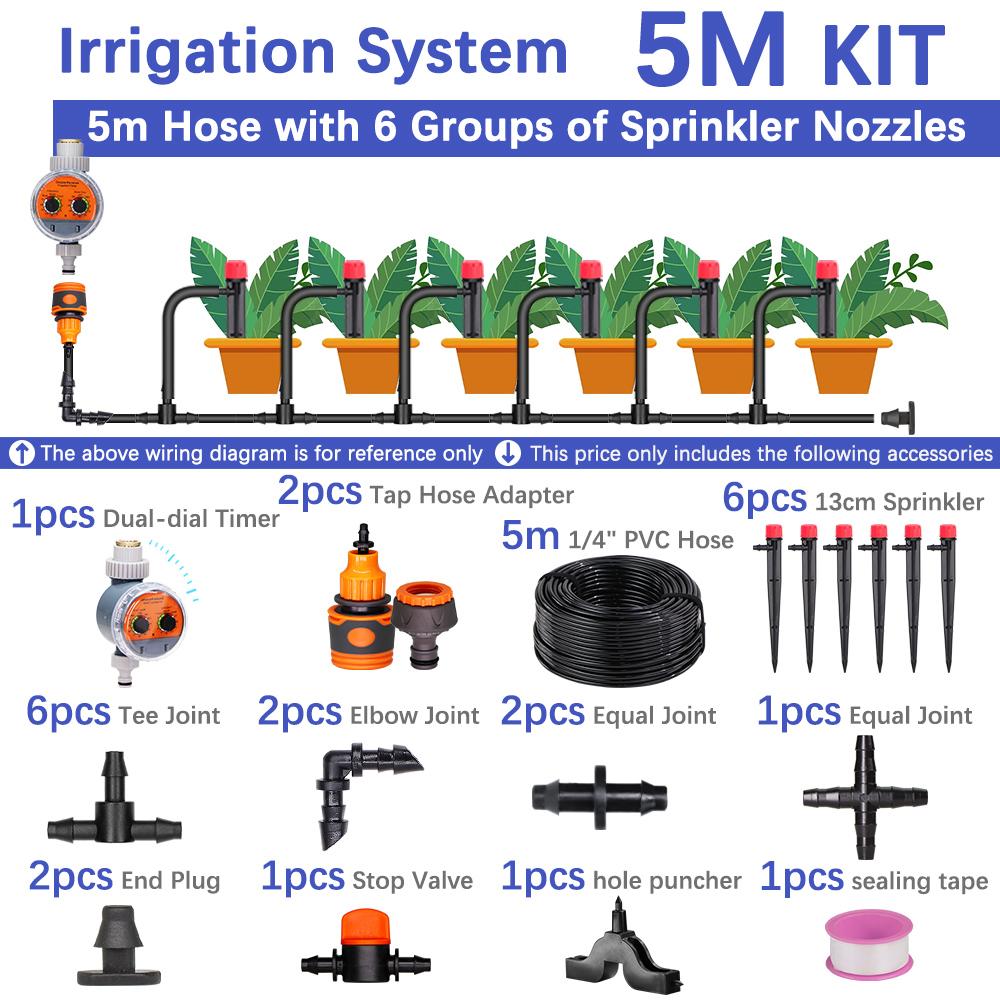 50-5m 1/4" Garden Drip Micro Irrigation 8-hole Adjustable Drippers with Stake 4/7mm Adapter PVC Tubing Automatic Watering System