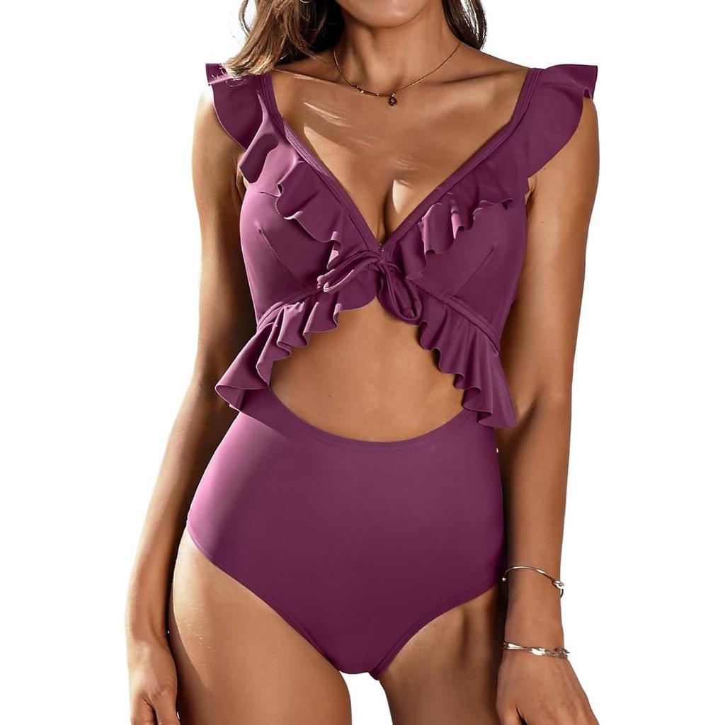 CHARMLEAKS Damen Einteiler Badeanzug mit Rüschen und Cut-Outs, Riemchen-Monokini, Bademode, Badeanzüge
