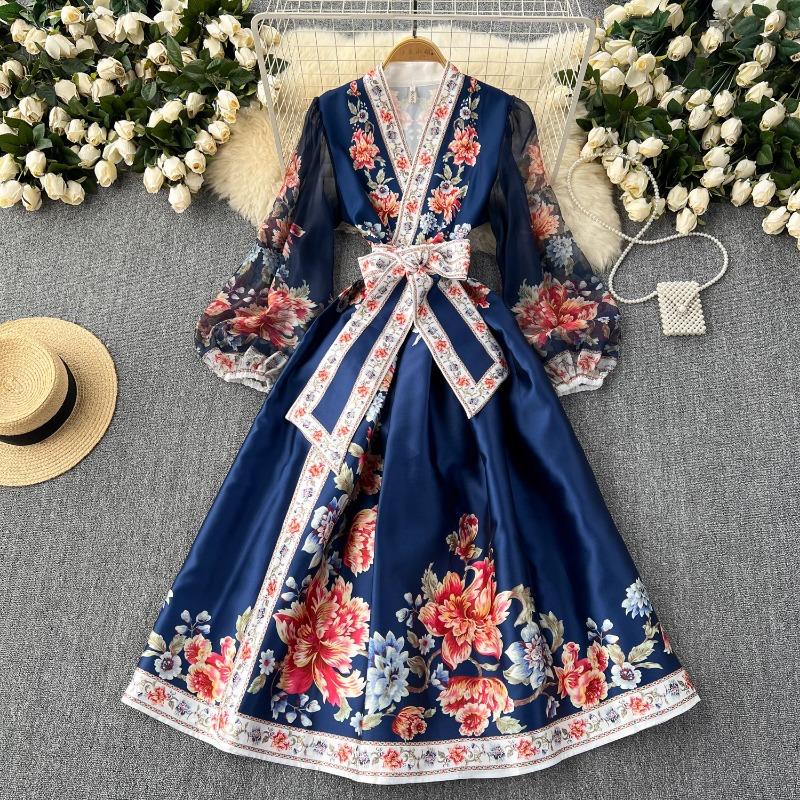 Floral Summer Dress Women Slim Waist Bandage Temperament Robe Femme  Vestidos De Mujer Vintage Elegant Maxi Dresses 27w921