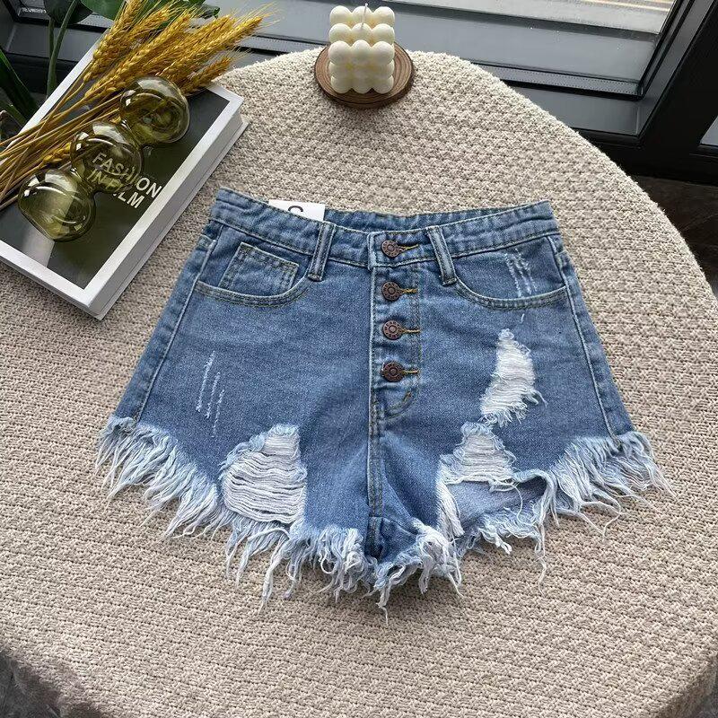 2025 Summer Women's High-Waist Retro Denim Shorts - Trendy Slim Wide-Leg Design