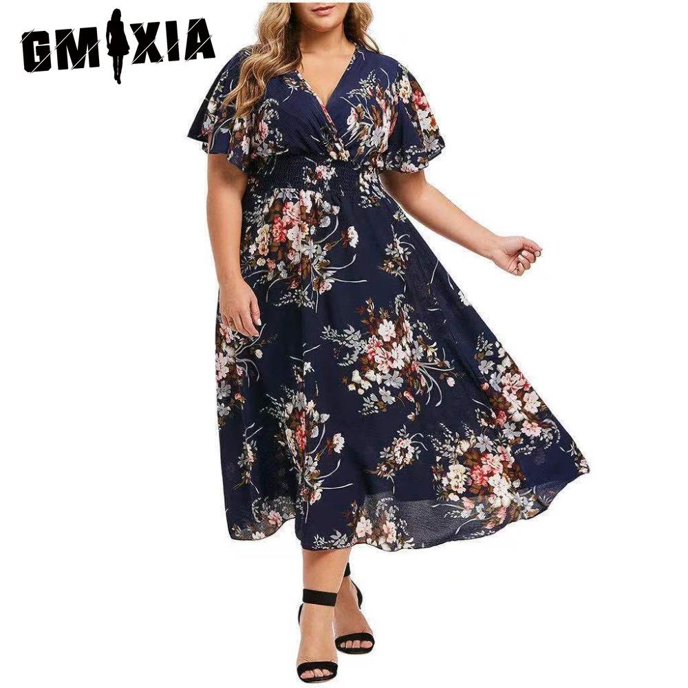 

GMXIA Plus Size Fashion Women Casual Floral Print V Neck Short Dress XXXL темно-синий