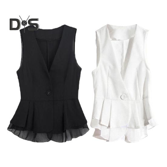 Dámská dámská vesta kabát na jeden knoflíček zapínání bez rukávů nařasený volán síťovaná patchwork kabátek slim fit jednobarevný ležérní denní nošení vesta