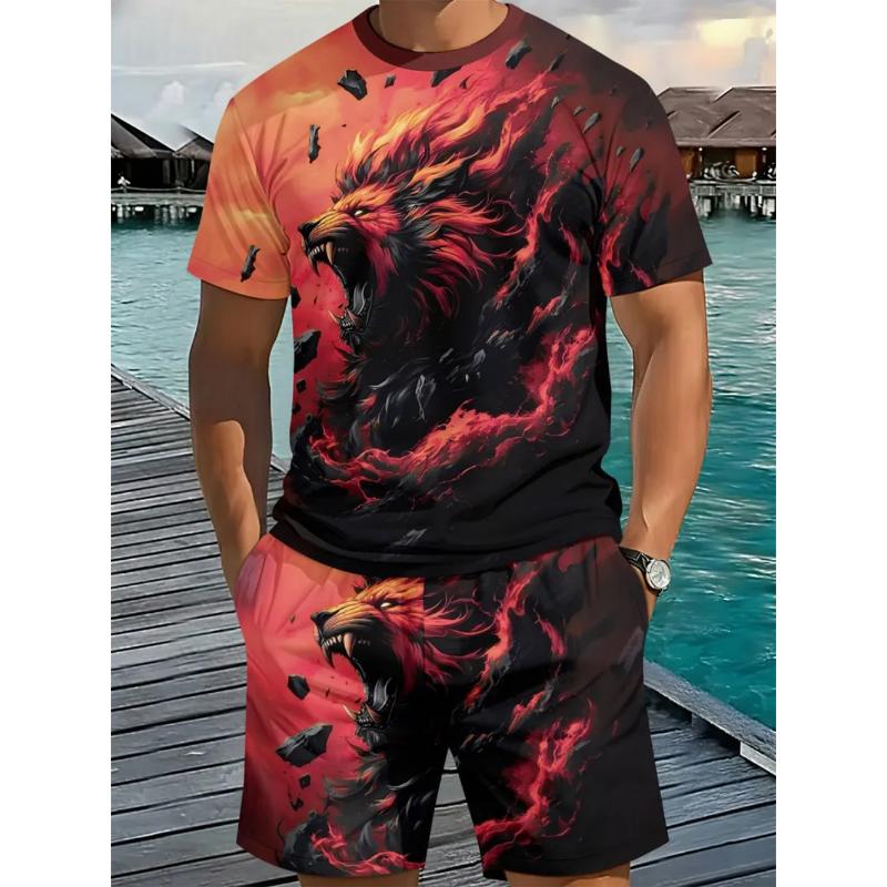 Fashion Men's Casual Suit 3D Casual Color Printing Summer T-shirt Shorts Simple