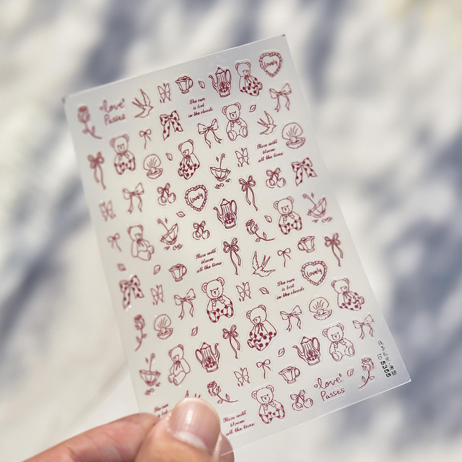 Tomoni Cute & Durable Blue Bear Nail Stickers - Cartoon & Modern Simple Line Designs, Mixed Pack