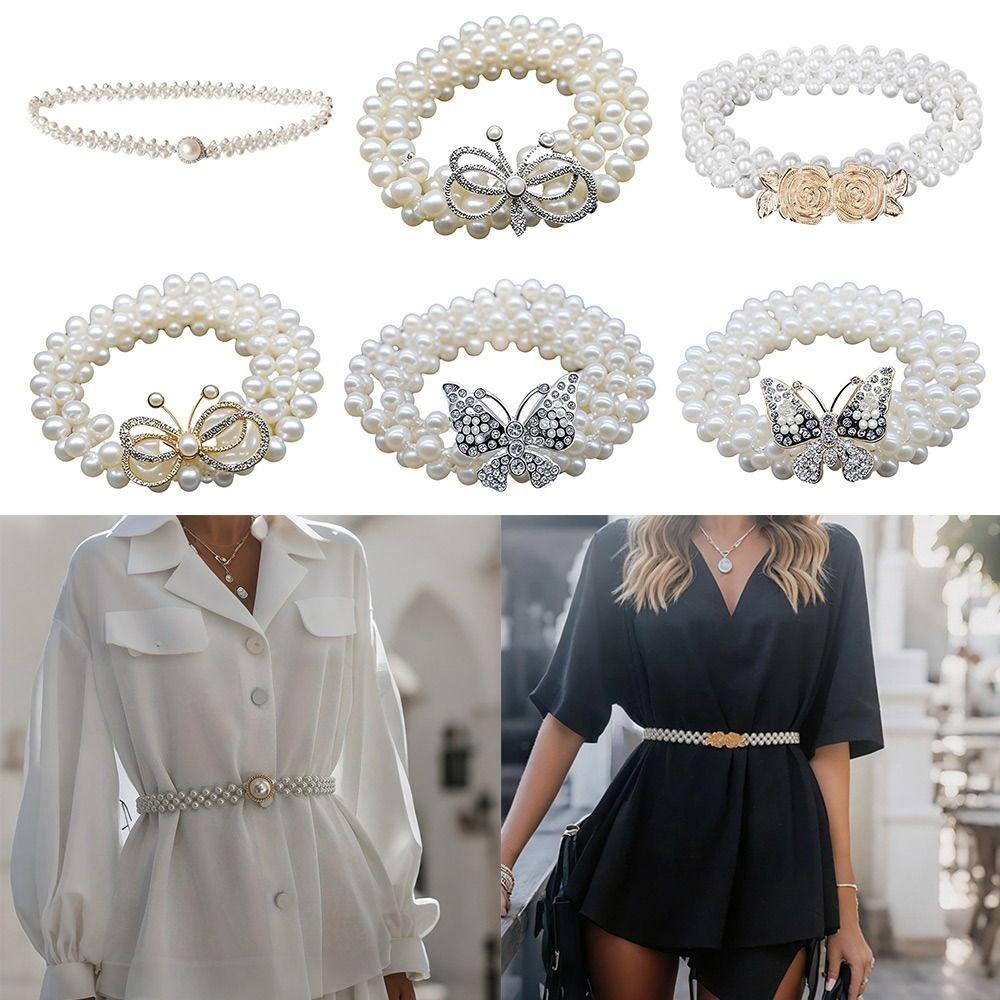 

Pearls and Rhinestones Butterfly Pearl Belt Elastic Waist Bands For Skirts Dress Top Sweater Coat 1