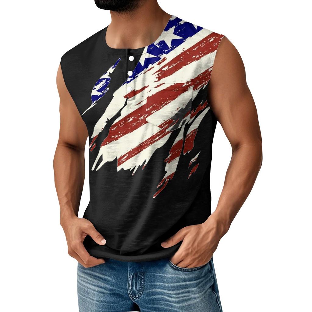 Men's Summer Independence Day Printed Sports Button Pocket Sleeveless Tank Top