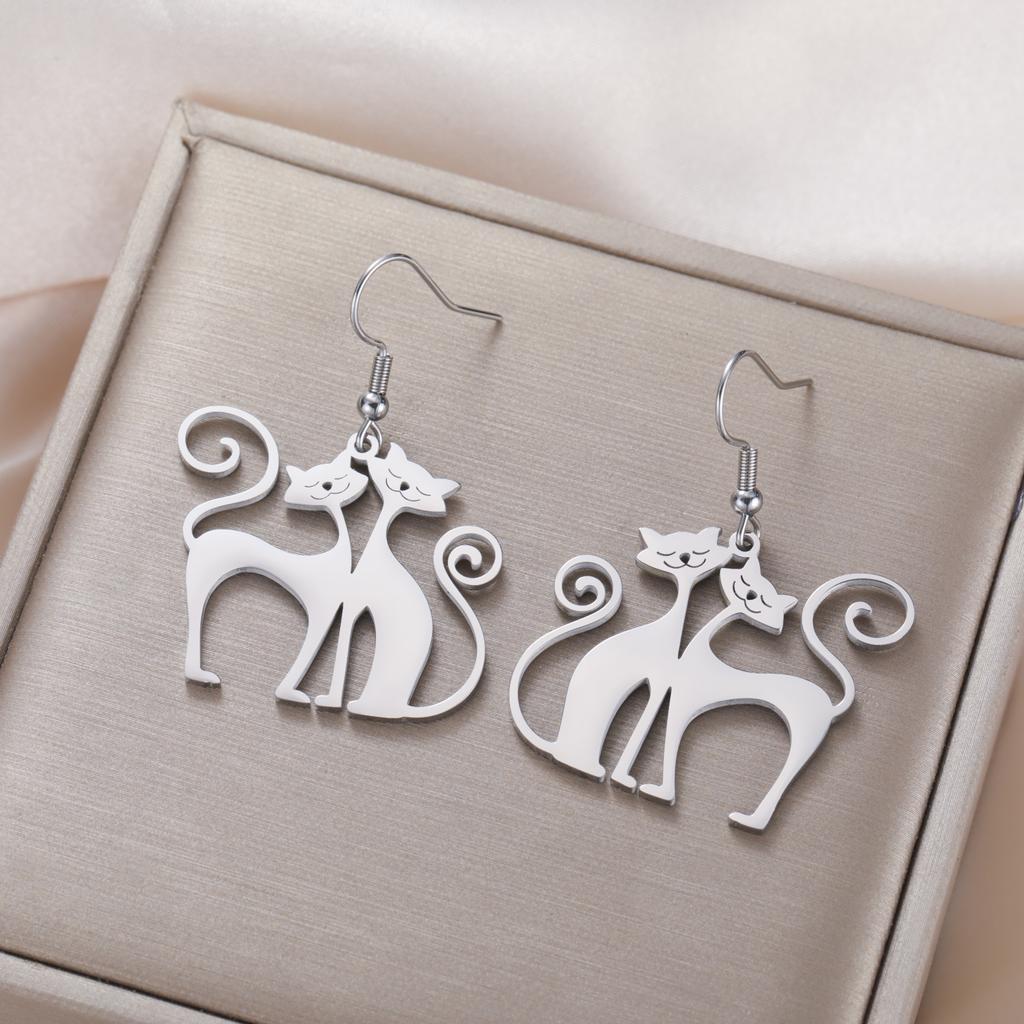 Unift Sassy Kitten Cat Charms Earrings for Women Girl Stainless Steel Dangle Earring Lovely Zircon Ear Piercing Pet Lover Gift