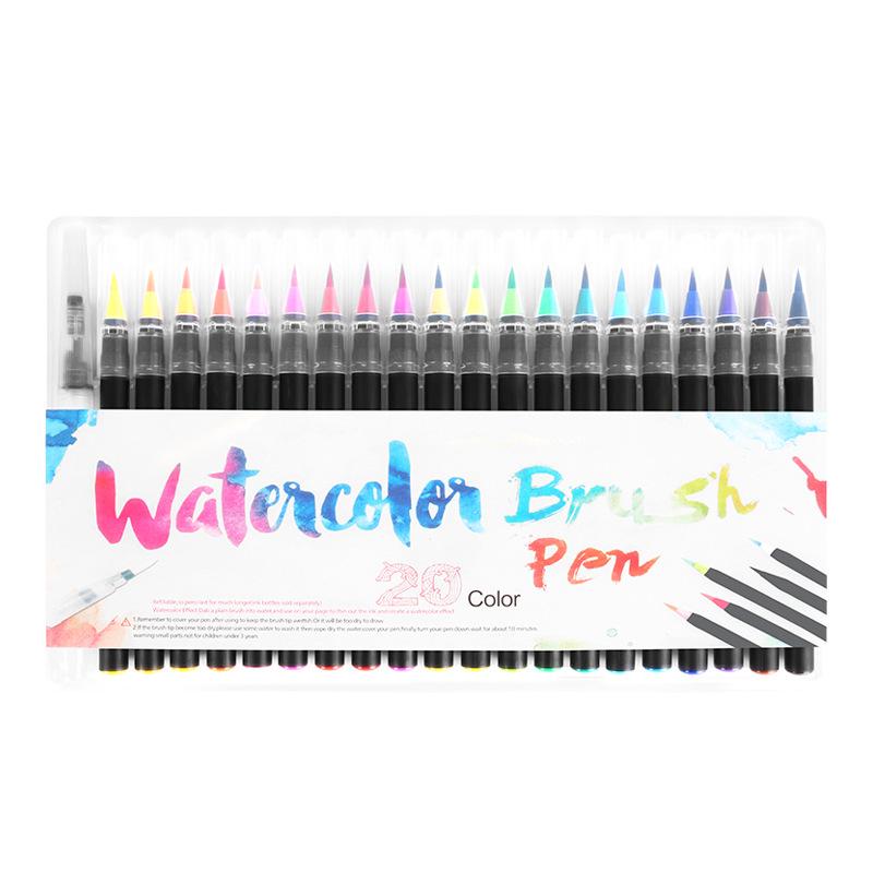 20-Color Soft Tip Watercolor Calligraphy Brush Pens with Water-Fill Brush and Ink Palette