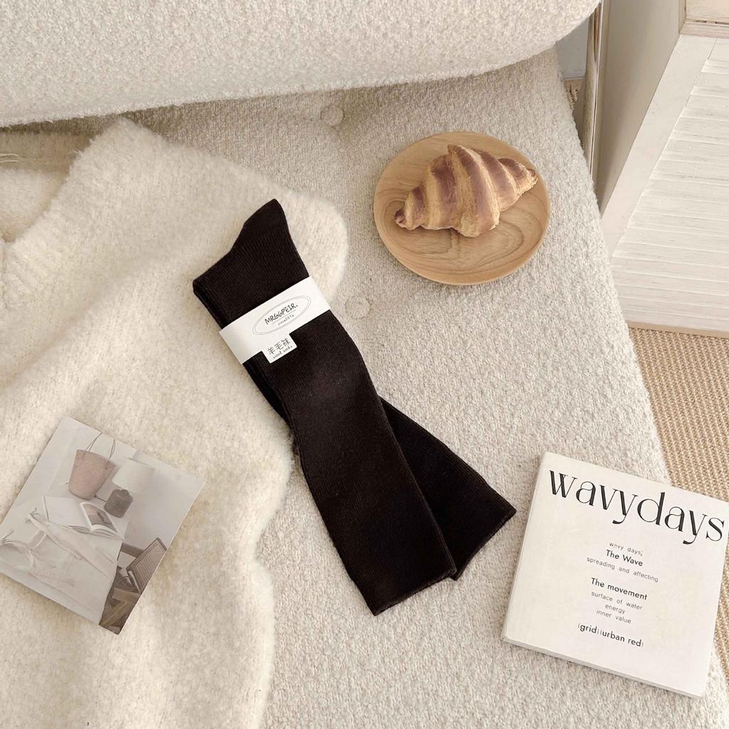 Solid Color Wool Calf Socks Warm Socks Thin Strip Coffee-Colored Long Tube Thickened Soft Waxy And Thin Stacking Socks