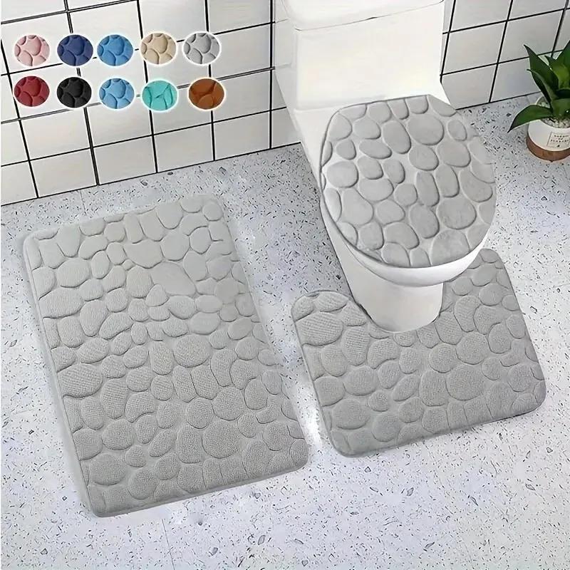 Toilet Seat Cover 1Pcs Set Bath Mat Shower Room Floor Rug Home Bathroom Anti-Slip Absorbent Doormat Pebbles Bathtub Decor Carpet