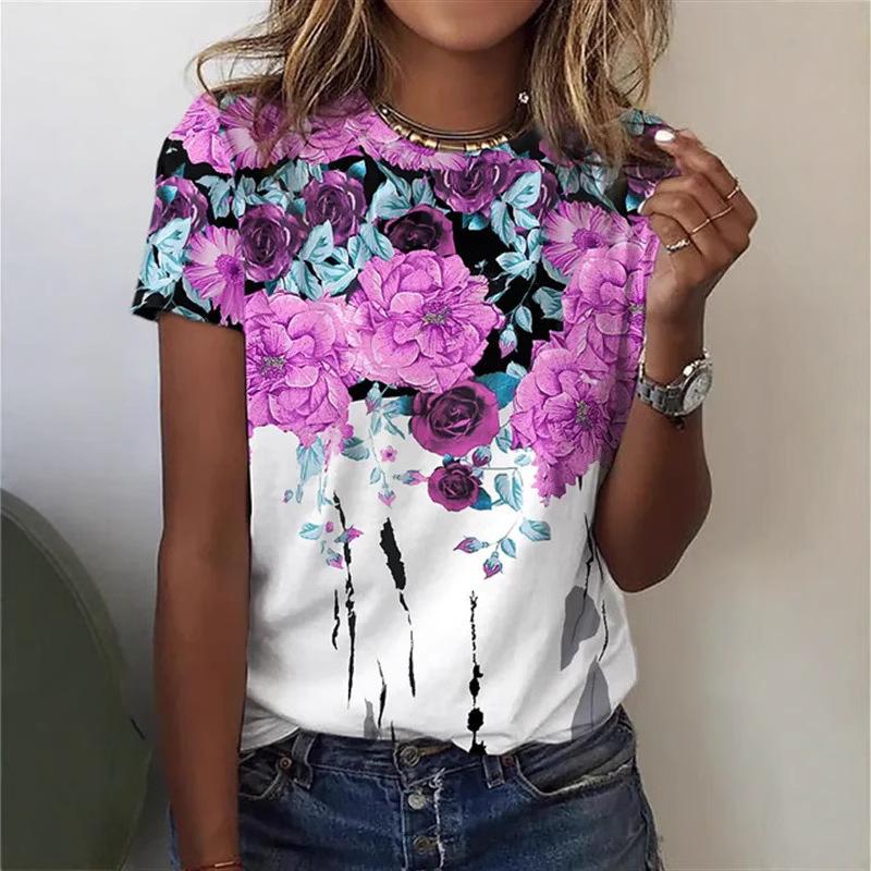 

Літні футболки з круглим вирізом та квітковим 3D-принтом, модні повсякденні жіночі футболки з коротким рукавом 5XL
