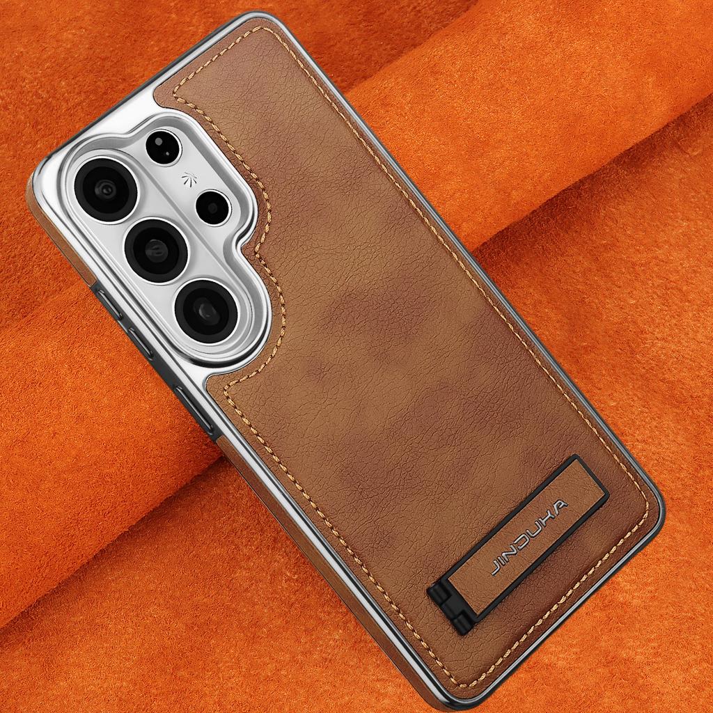 Premium Vintage Leather Case for Samsung Galaxy S26 Ultra S25+Plus S24 with Kickstand Holder Business Stylish Plating Frame