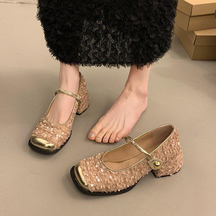 French Sequined Silver Bag Head Half Slippers Women's 2025 Spring and Summer Xiaoxiangfeng Korean Version Temperament Mary Jane Single Shoes Women's S