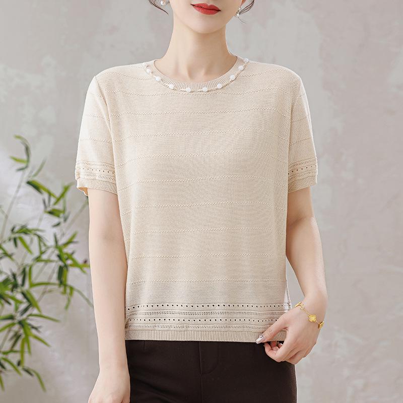 2026 Women's Tencel Knit Hollow Woven Half Sleeve Round Neck Top