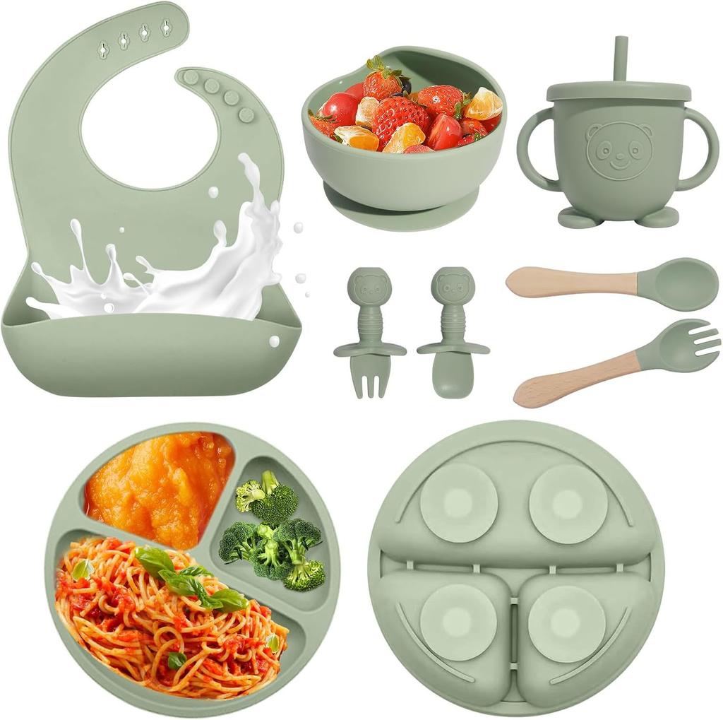 Silicone baby feeding kit, 8 pieces, including suction cup separated plate, bowl, bib, spoon, fork and sippy cup