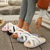Women Cross Strap Fluffy Slippers Patchwork Platform House Shoes Non-Slip Comfortable Indoor Outdoor