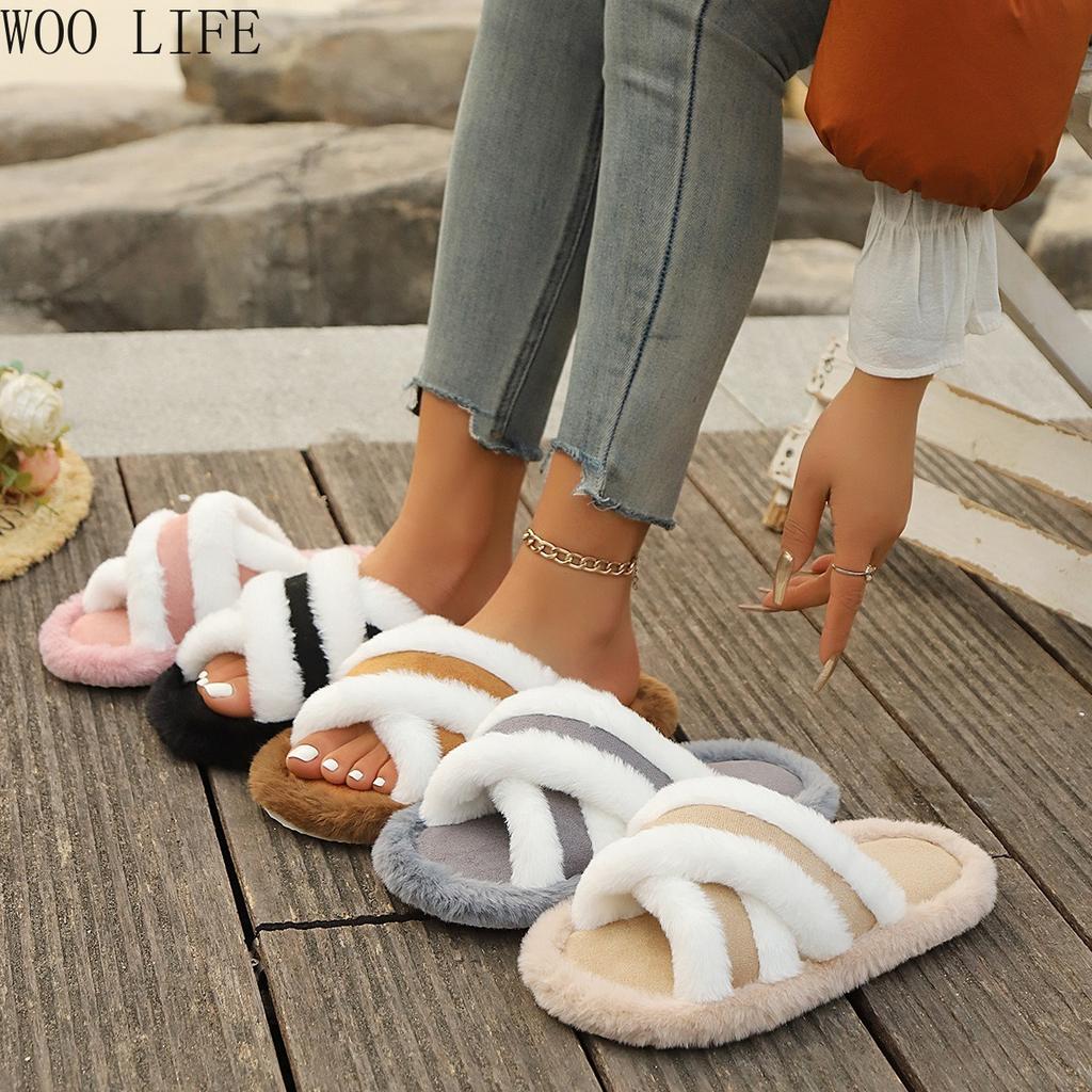 Women Cross Strap Fluffy Slippers Patchwork Platform House Shoes Non-Slip Comfortable Indoor Outdoor