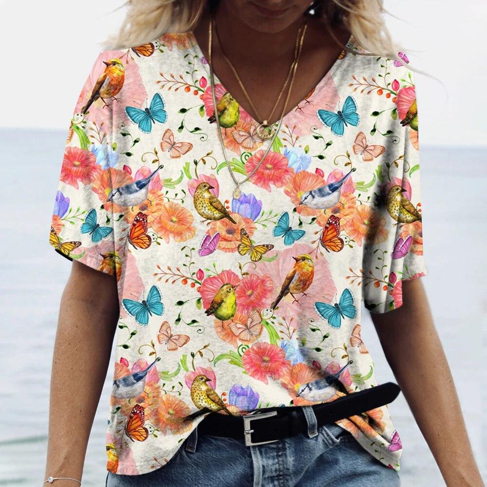 Butterfly Floral Graphic 3D Print Trička Dámské Y2k topy Trička Trička s výstřihem do V Dámské tričko Harajuku Žena Oversized Neformální oblečení