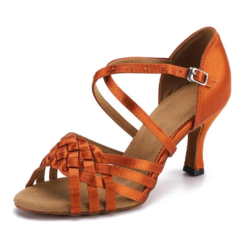 Summer Latin Dance Shoes Women'S Salsa Tango Ballroom Party Girls High Heels Colorful Bronze Satin Women'S Sandals