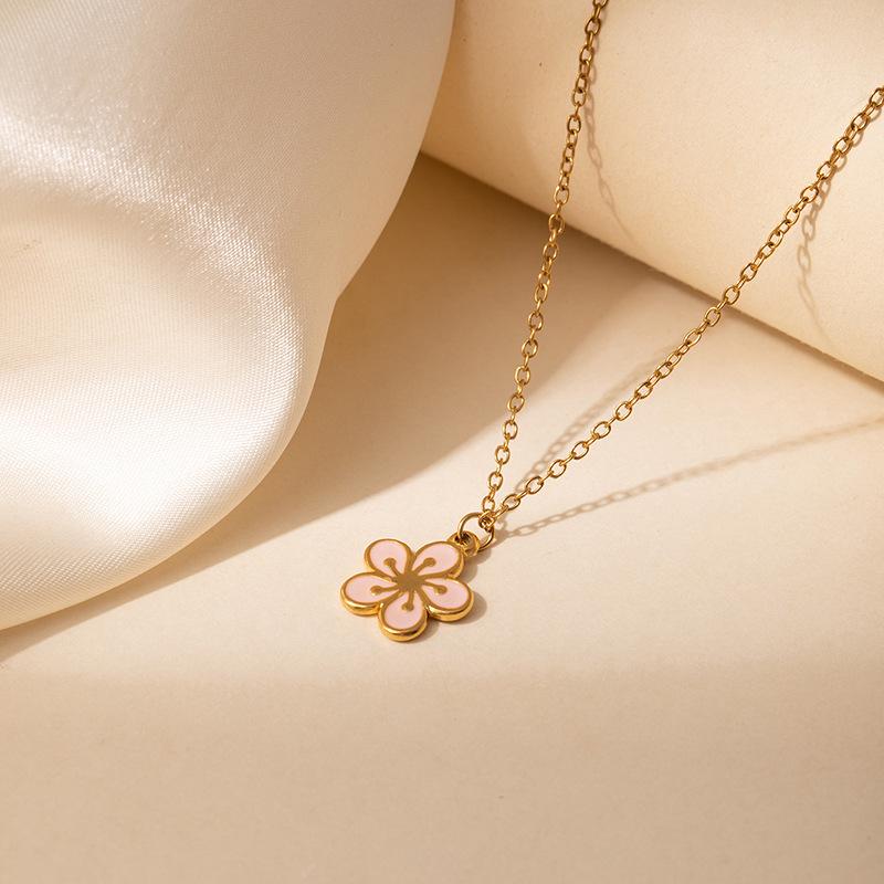 Elegant Titanium Steel Pink Cherry Blossom Necklace with Colorful Drip Glaze Rose Flower, Versatile Women's Clavicle Chain