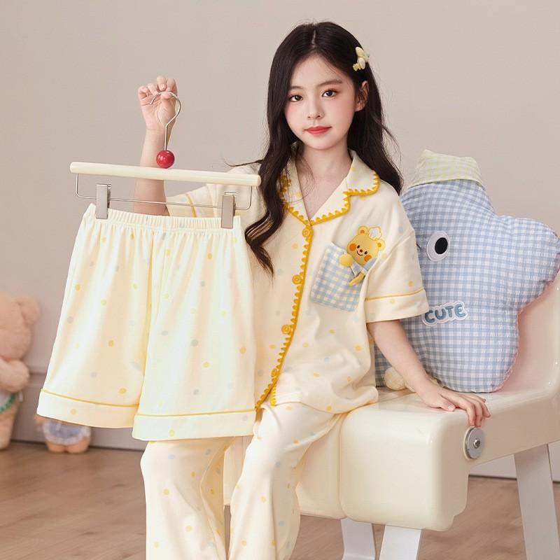 Cotton Cartoon Pajama Set Girls 8 Years Short Sleeve Shorts 3-Piece Sleepwear Home Outfit