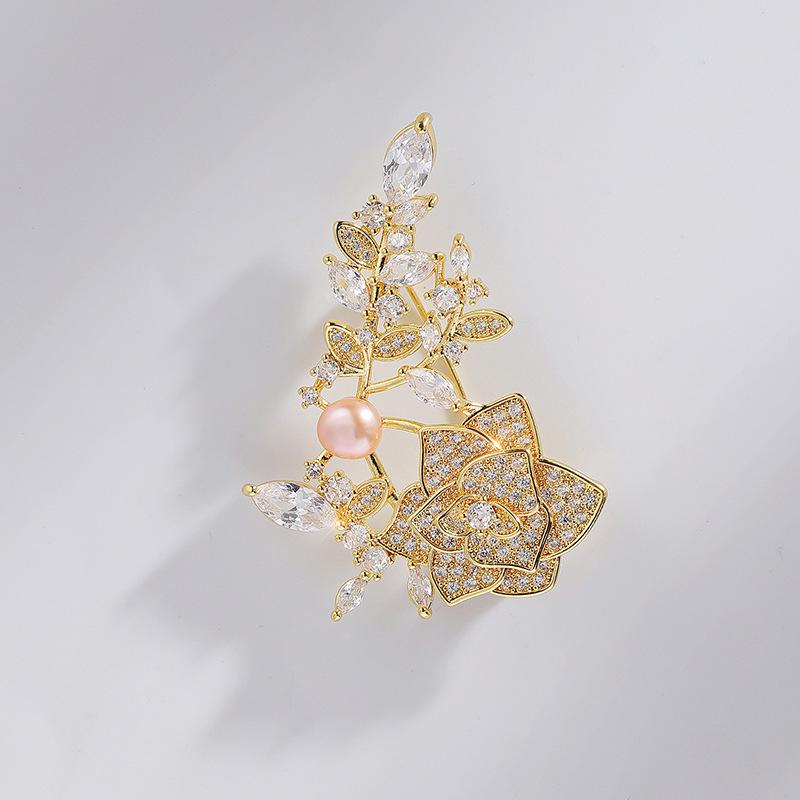 Bo Xin Yun Floral Zirconia Pearl Brooch Pin for Suit and Shirt